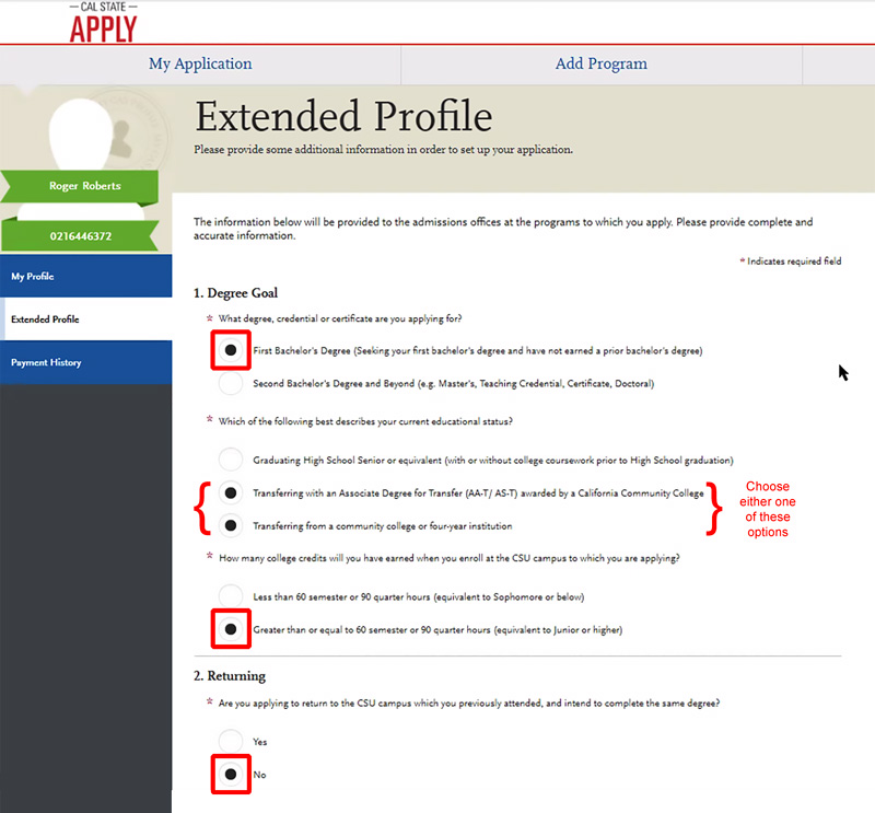 Cal State Apply Extended Profile screenshot