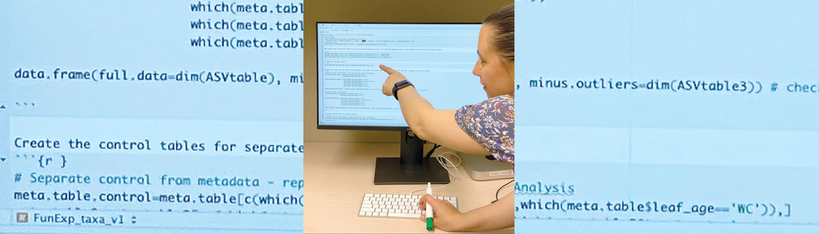 Instructor pointing to code on a computer screen