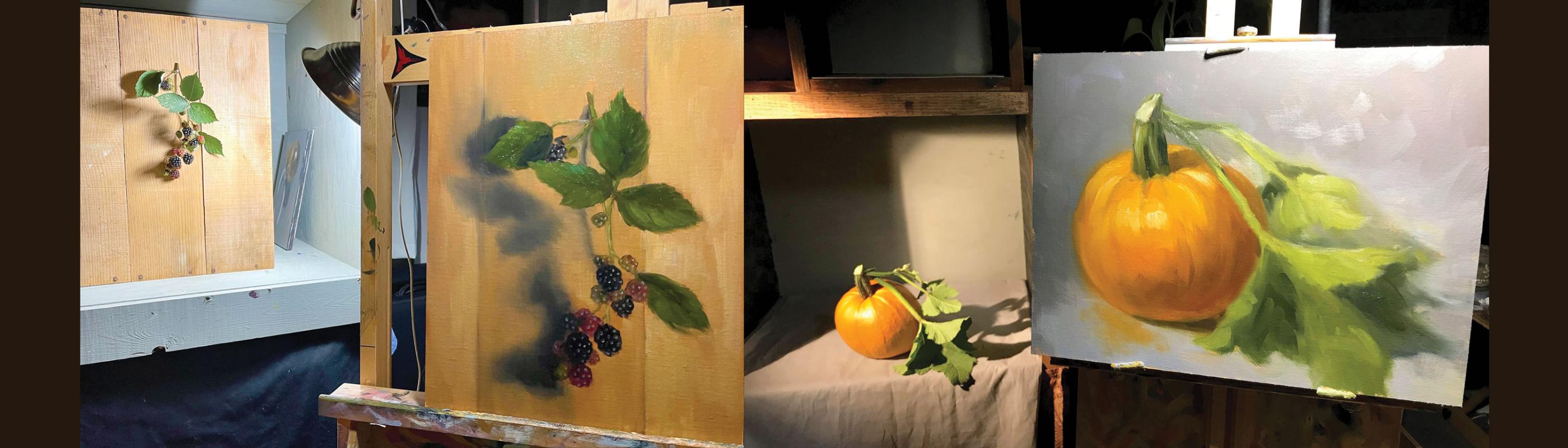 Still life paintings of black berries on a vine and a pumpkin