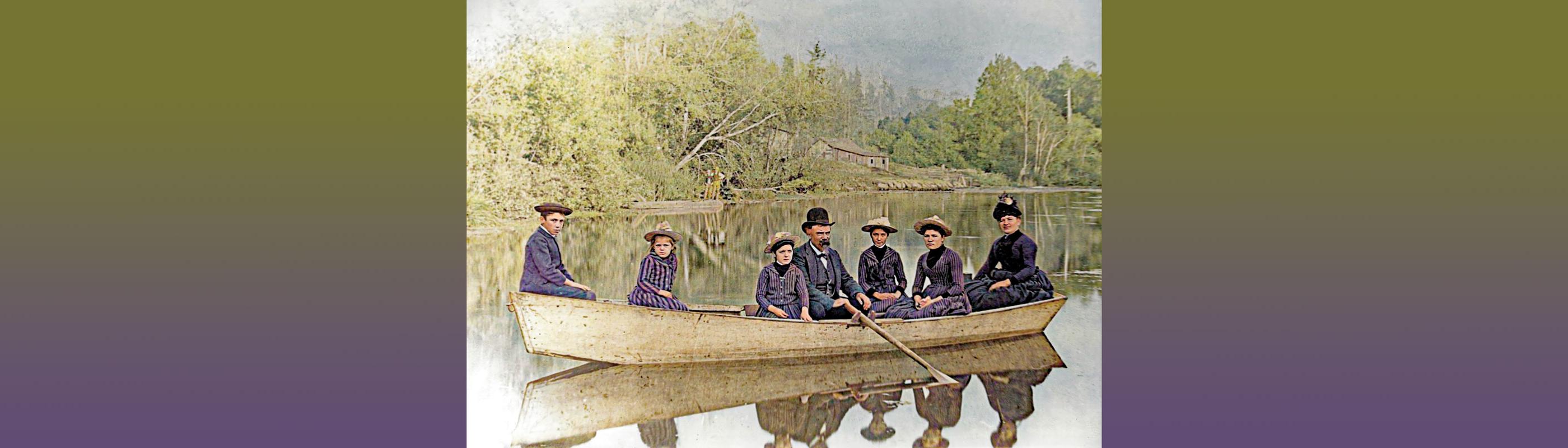 colorized historical photo of people in a canoe