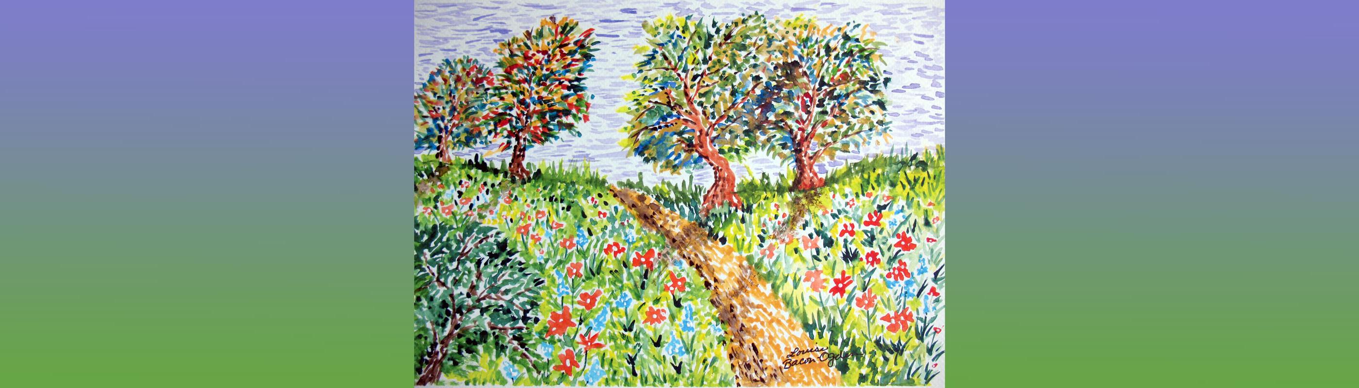 pointilistic painting of meadow and trees