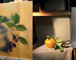 Still life paintings of black berries on a vine and a pumpkin