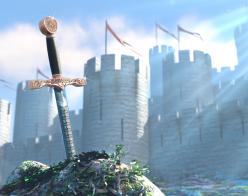 Fantasy image of sword in the stone and a castle