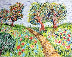 pointilistic painting of meadow and trees